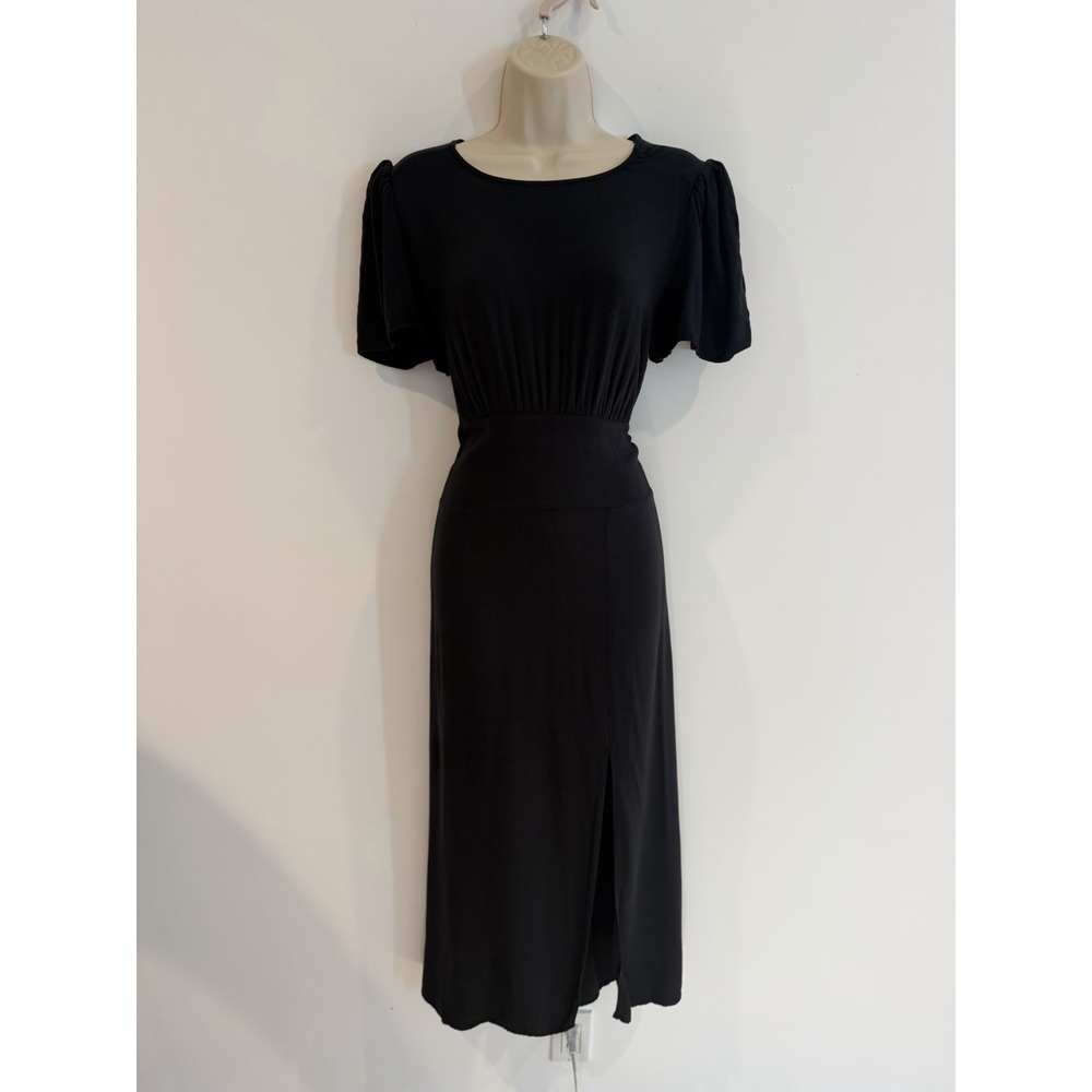 AFRM Jamie Midi Dress Lg Black Empire Waist Puff Sleeve Open Back Classic Retro - Picture 2 of 11